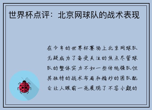 世界杯点评：北京网球队的战术表现
